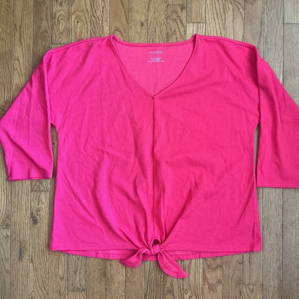 Talbots Women Pink Textured V-Neck Tie Front Top Size XL 3/4 Sleeve Cotton Blend